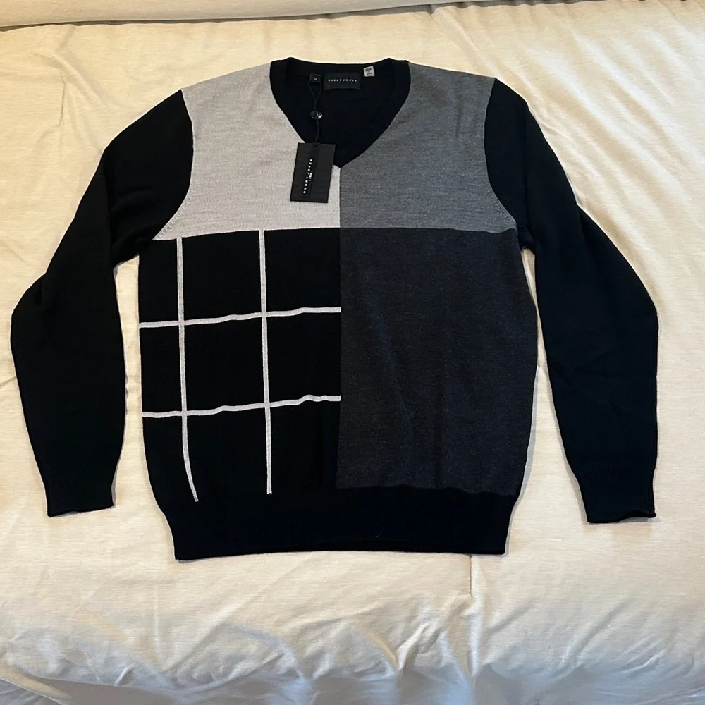 NWT Bobby Jones Wool and Silk Blend “Fallon” Tonal Plaid Jacquard Sweater